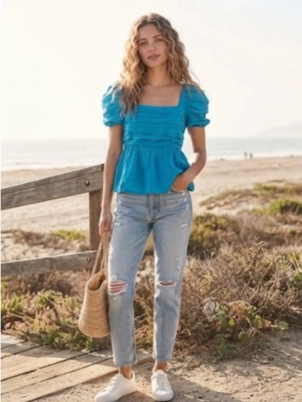 Abercrombie & Fitch Turquoise Square-Neck Peplum Blouse | Size M (8-10)